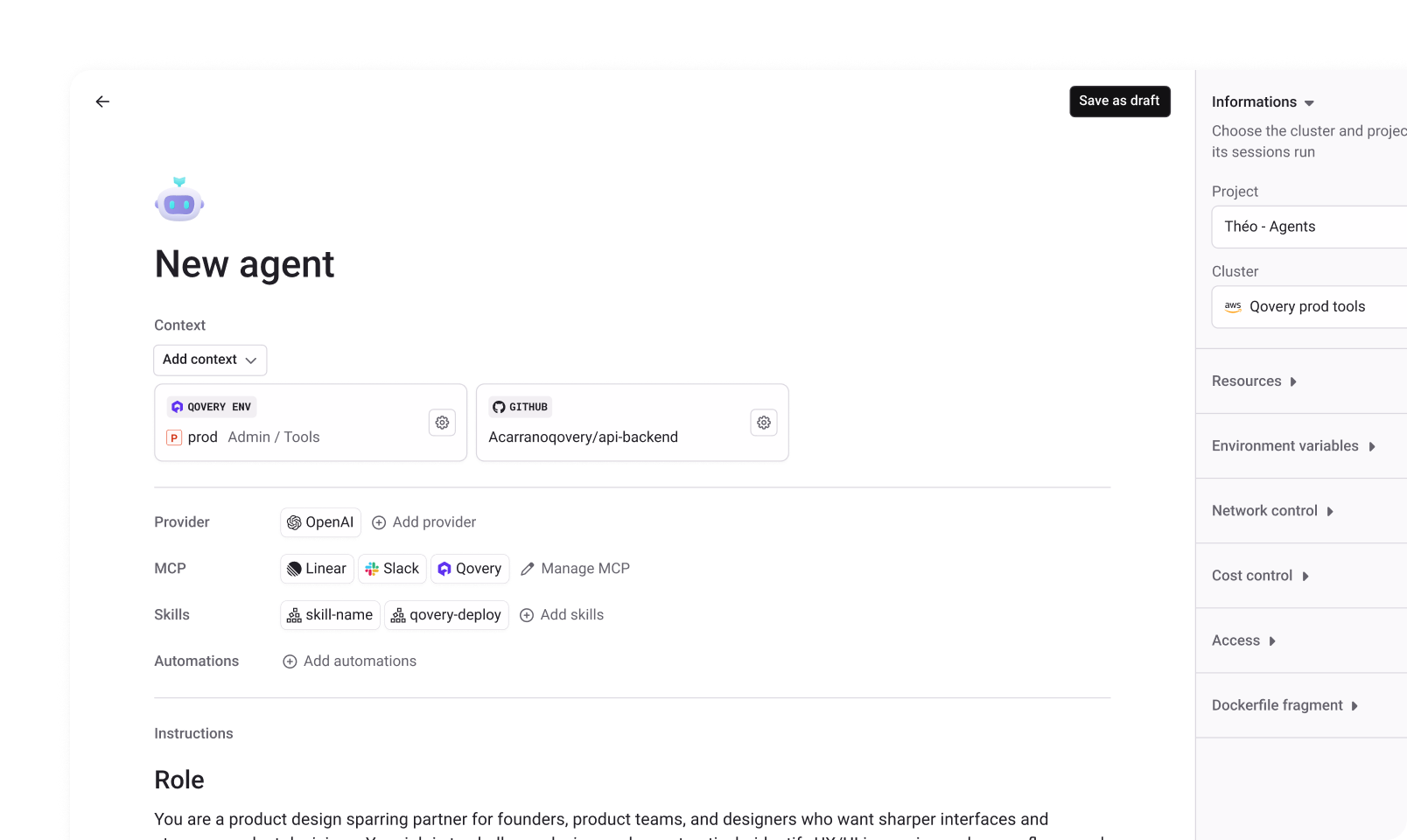 Qovery agent access interface from the Figma homepage design